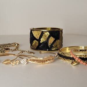 Vintage Gold Tone Beaded Cuff Bracelet Lot Mixed Variety Stackable Boho Bling